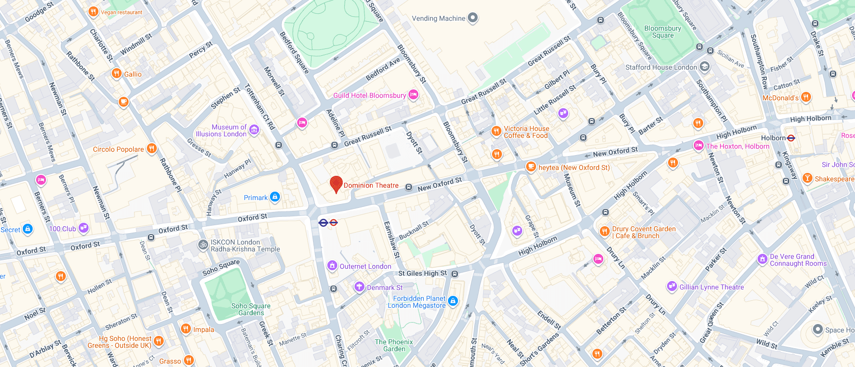 Map showing the location of Dominion Theatre, Tottenham Court Road
