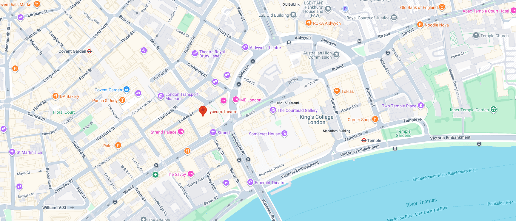 Map showing the location of Lyceum Theatre, Wellington Street