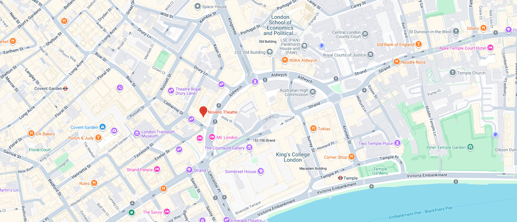 Map showing the location of Novello Theatre, Aldwych