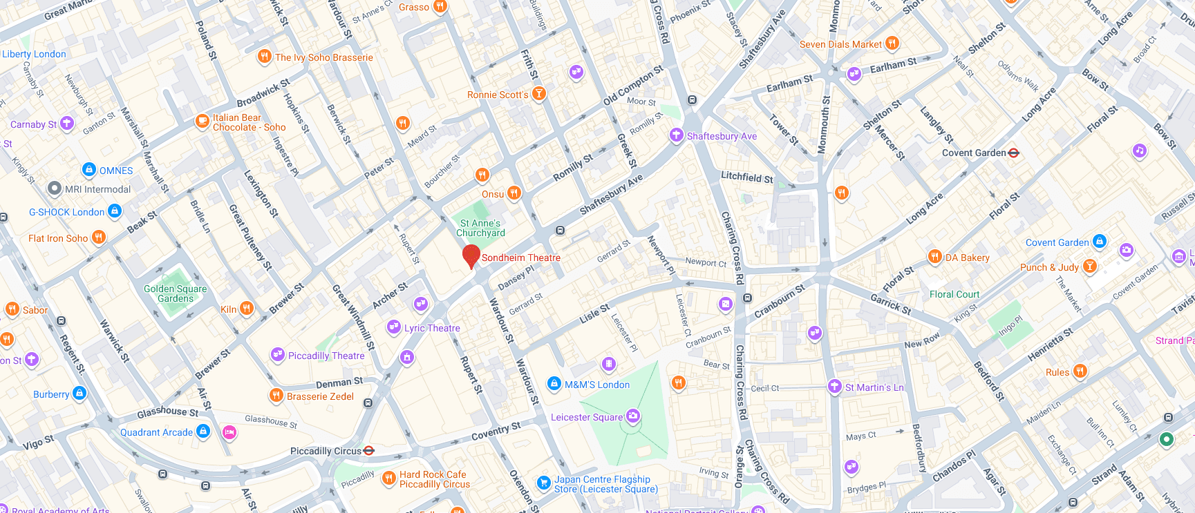 Map showing the location of Sondheim Theatre, Shaftesbury Avenue